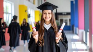 Graduate holding diplomas in a school hallway, representing saving for children’s education in Ireland.