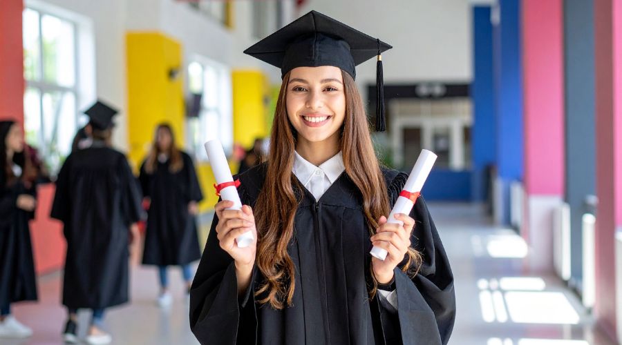 Graduate holding diplomas in a school hallway, representing saving for children’s education in Ireland.