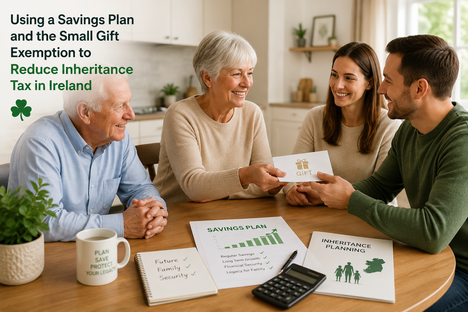Family discussing savings plan and small gift exemption for inheritance tax planning in Ireland at a table with financial documents and calculator.