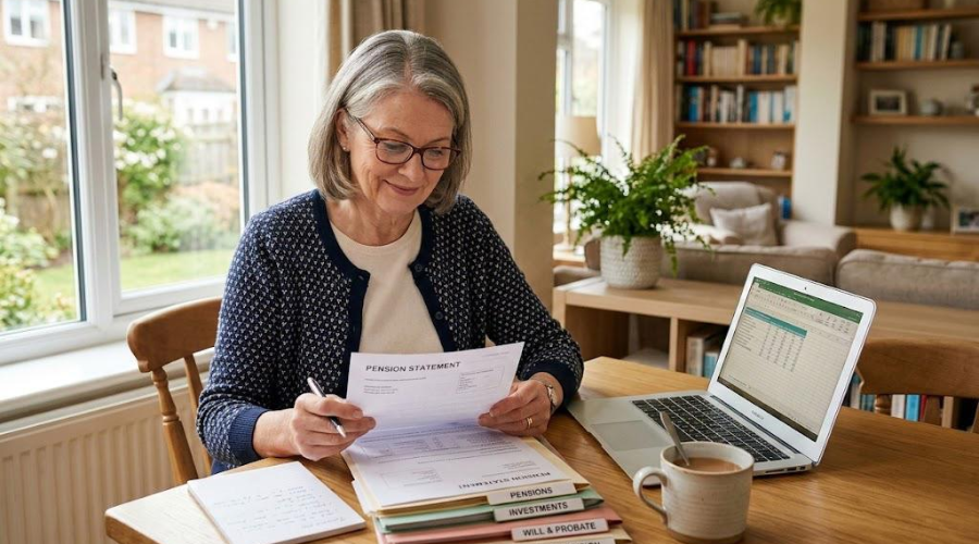 Older woman reviewing a pension statement at a kitchen table with a laptop and financial documents.