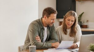 Couple reviewing their household finances together at home