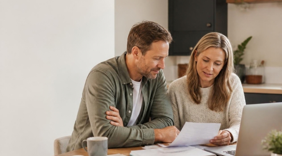 Couple reviewing their household finances together at home